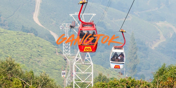 Gangtok ropeway cable car with scenic green hills and mountain views in Sikkim